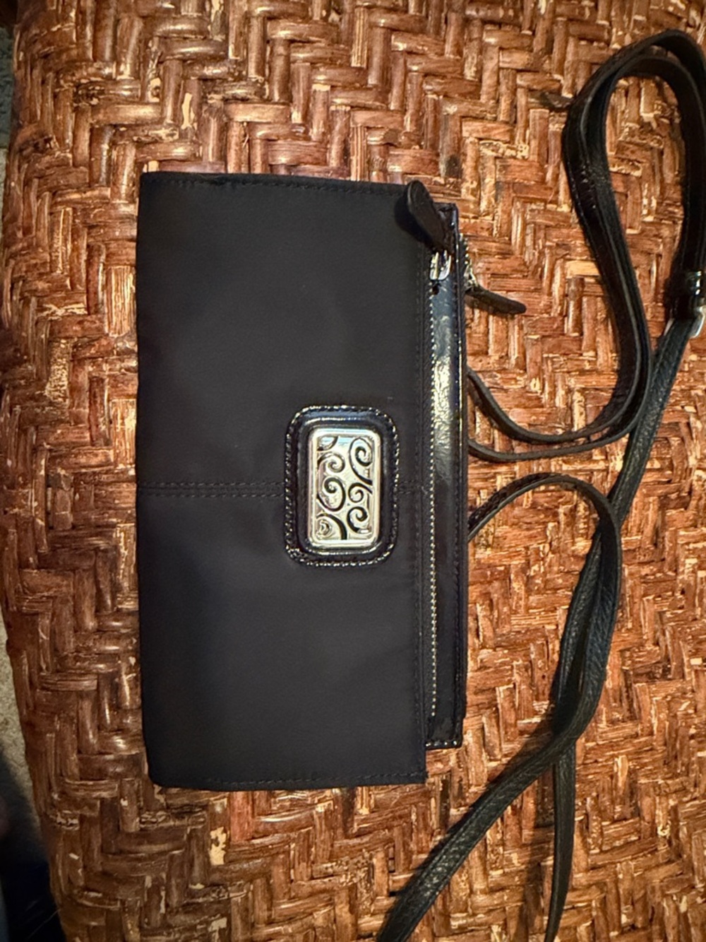 Brighton Black Organizer Crossbody Wallet Silver Scroll Plaque Wristlet